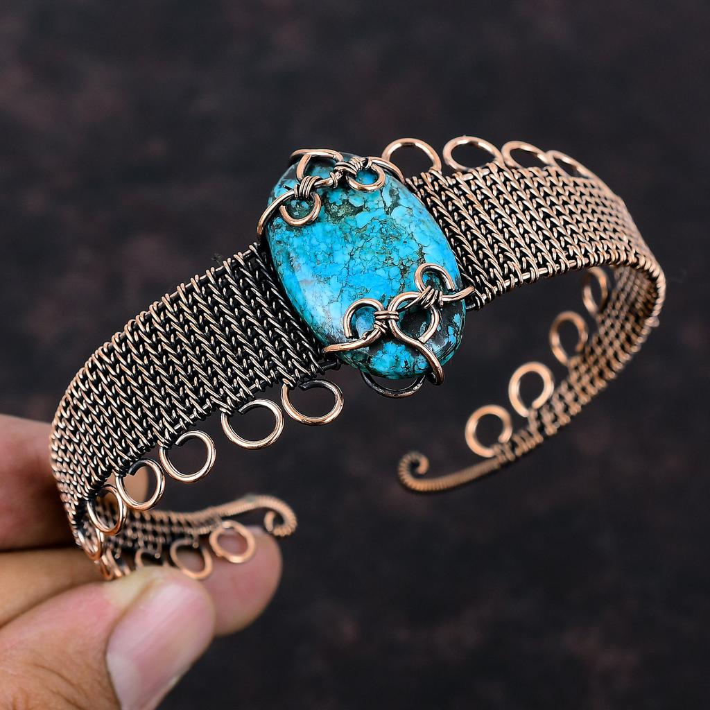 Tibetan Turquoise Gemstone Cuff Bracelet Copper Wire Wrapped Handmade Bangle Adjustable Cuff Bangle Copper Wire Wrapped Bangle Gift For Him