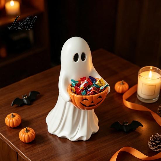 Vintage Style Ornament Halloween Ghost Figurine with Pumpkin Candy Bowl Cute Resin Statue Freestanding Desktop Light Trick or Treat Holder for Front