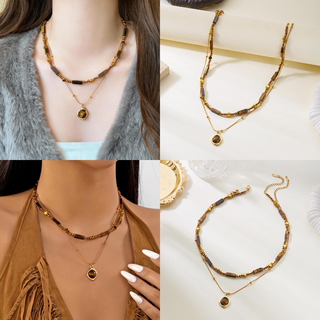 Tiger Eye Beaded Necklace With Geometric Shape Steel Pendant For Elegant Casual Attire
