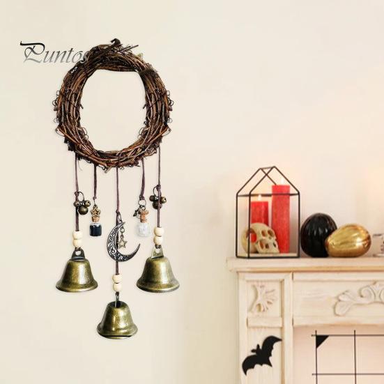 Door Knob Witch Bell Home Protection Handmade Hanging Brass Bell Wishing Bottle Rattan Wreath Witchcraft Door Hanger Wicca Wind Chime Decoration