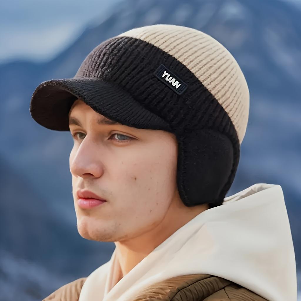 1 Men's Winter Hat - Brimmed and Ear Flap,Color Block Design,Street Style,Slightly Elastic,Warm Cap for Outdoor Activities,Suitable for Cold Weather