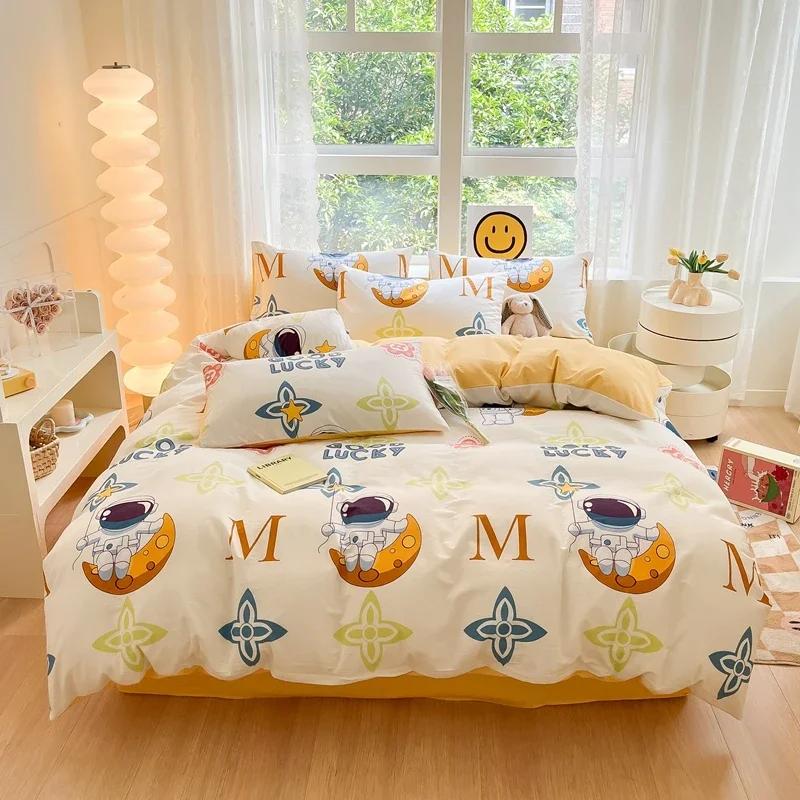 Комплект постельного белья из 3 предметов с цветными цветами в мультяшном стиле из 100% хлопка, мягкий и приятный на ощупь, с 2 наволочками