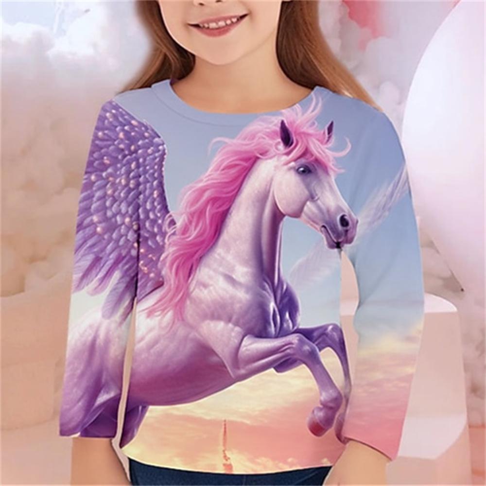 Одежда для девочек Футболки с рисунком лошади Детский топ с длинным рукавом 2024 года Летняя детская футболка для девочек Детская одежда Футболки для девочек