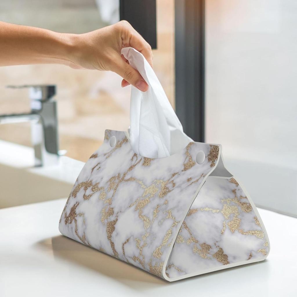 Modern Chic White Gold Foil Marble Tissue Box Cover Rectangle PU Leather Facial Case Paper Holder Organizer for Decor Bathroom Vanity Countertop
