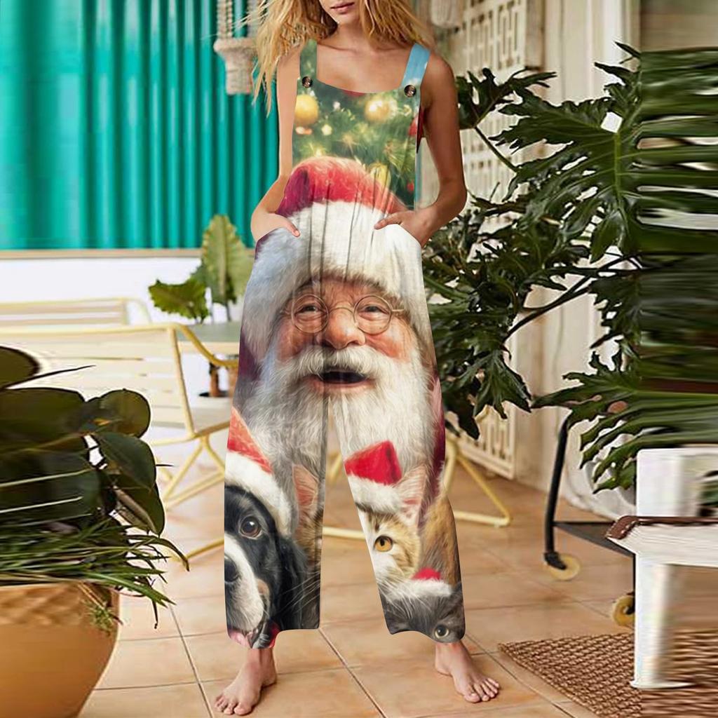 Женский повседневный комбинезон с рождественским принтом, хлопковый комбинезон без рукавов с принтом
