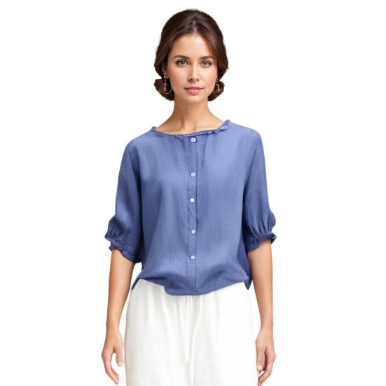 Women Shirt Round Neck Three-Quarter Sleeve Shirt Tops Solid Color Ruffle Trim Buttons Decor Loose Fit Blouse