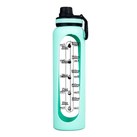 Стеклянная бутылка для воды с силиконовым чехлом, с отметкой времени, 1000 мл, герметичная, из боросиликатного стекла, стакан для воды для спорта, фитнеса, офиса, не содержит БФА, идея для подарка для напитков