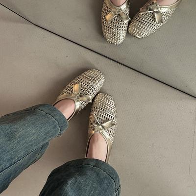 Ретро квадратный носок толстый каблук сумка голова крутые тапочки женские летние модные туфли с бантом полутапочки