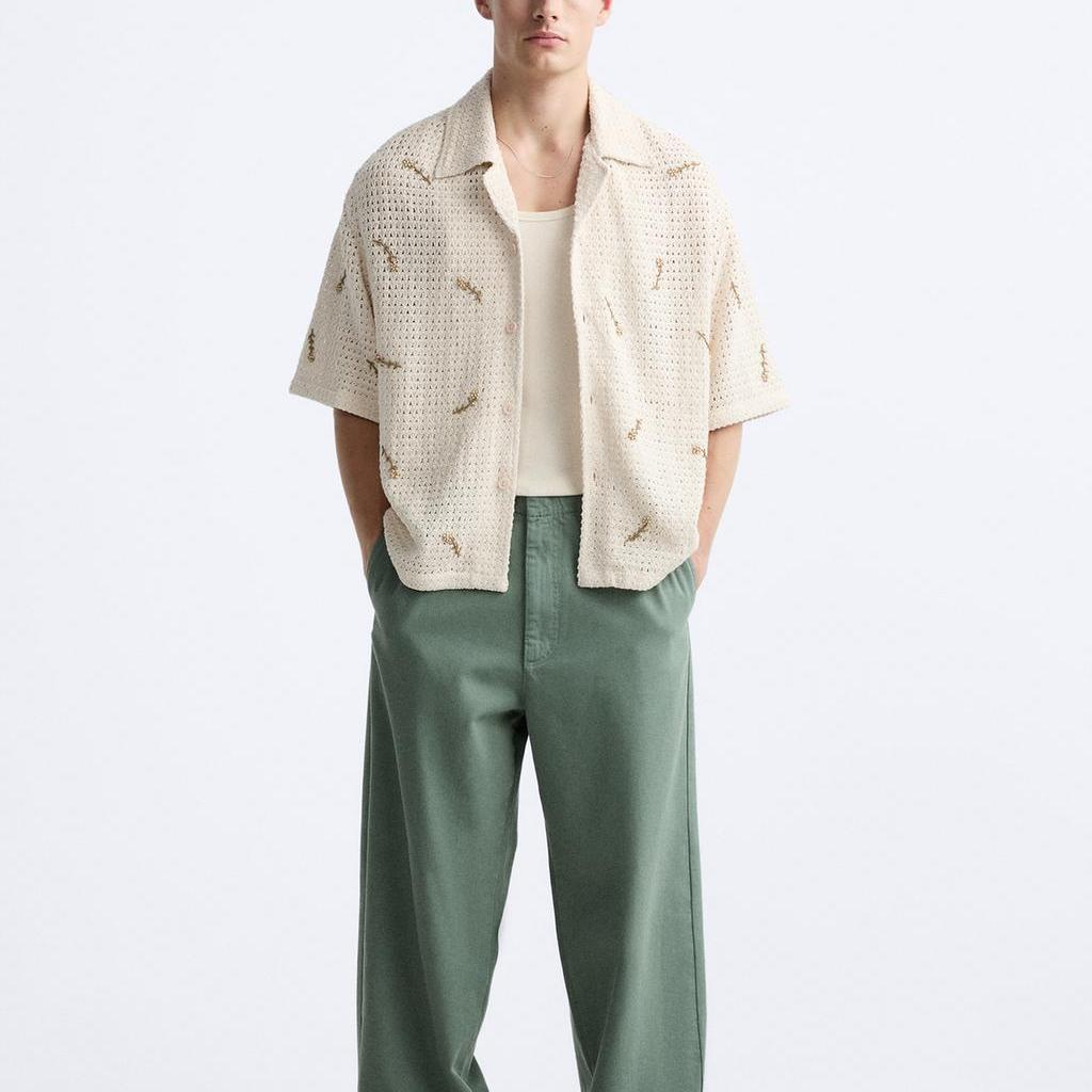 Zara Свободная рубашка с коротким рукавом, связанная крючком, с бисером, мужские рубашки, цвет не совсем белый 0881304-712