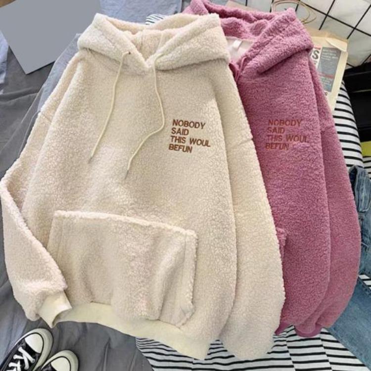 Women Fleece Hoodie Warm Winter Loose Pullover Long Sleeves Thick Letter Embroidery Top Elastic Cuff Drawstring Patch Pocket Fall Fashion