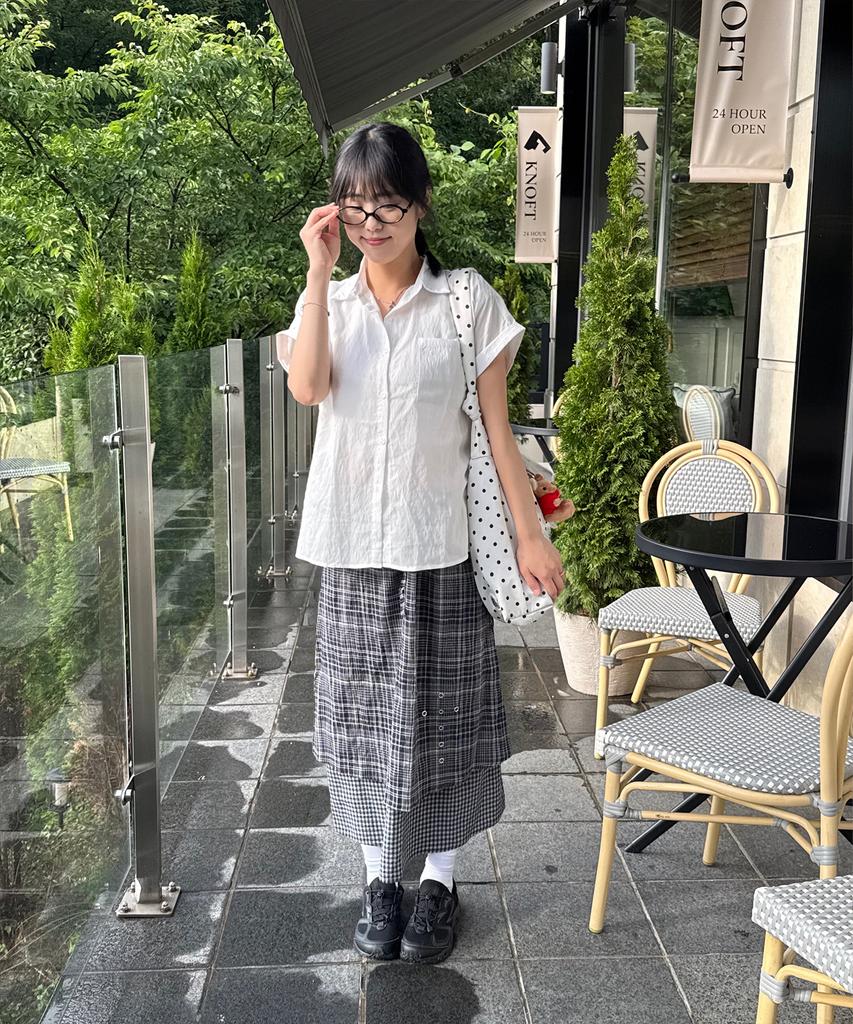 Plasma Sphere Duplex Stud Cross Eyelet Check Layered Long Wrap Skirt_2 Colors