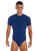 Skinny Fit Men Bodysuit Short Sleeve Round Neck Undershirt with Press Button Crotch Solid Color Leotard Top