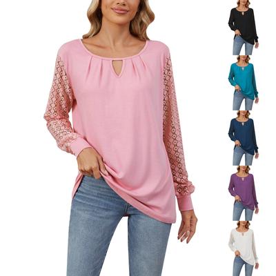 Женская мода однотонный круглый вырез свободный кружевной стежок длинный рукав пуловер топ