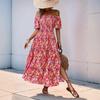 Women's Boho One-Shoulder Puff Sleeve Floral Print Dress