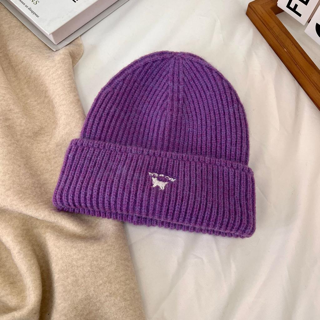 Шапка женская осенне-зимняя универсальная вышитая шапка с изображением котенка большая голова маленькая вязаная шапка модная теплая шерстяная холодная шапка