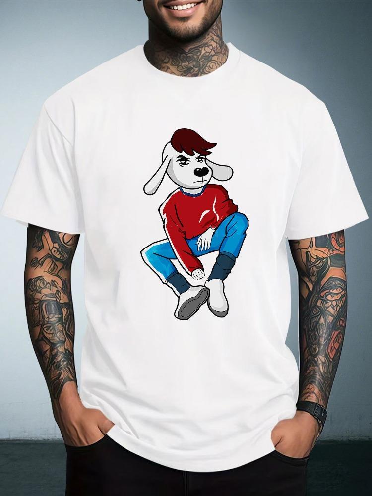 Unisex White Tee Cool Hip Hop Style Cartoon Dog In Red Top Blue Pants Graphic Crew Neck Loose Casual Male Daily Tops