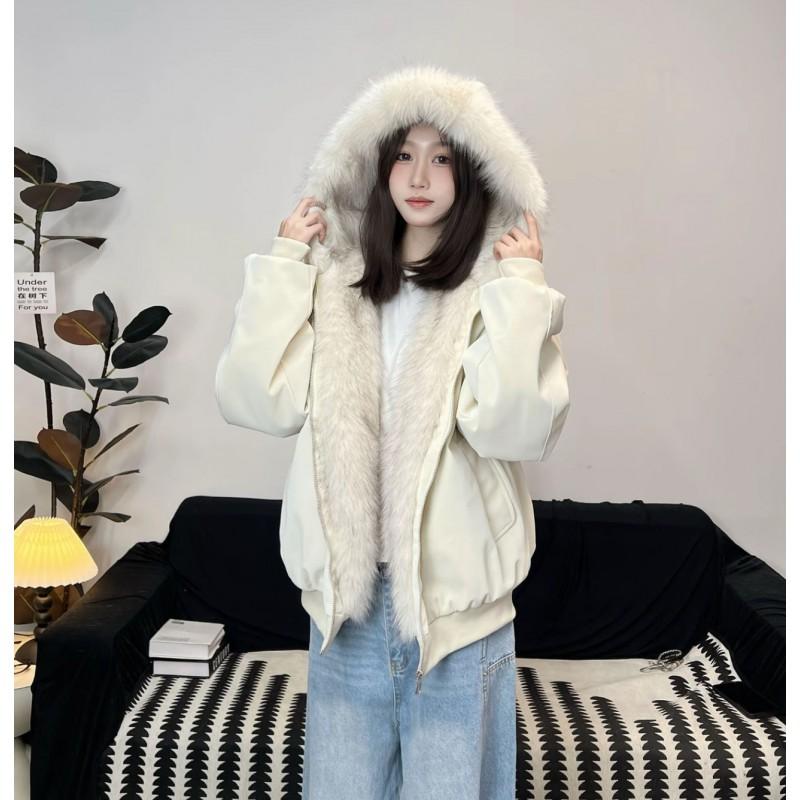 Winter Faux Mink Fur Hooded Puffer Jacket Unisex PU Leather Trim Thick Warm Cotton Coat Couples Men Women