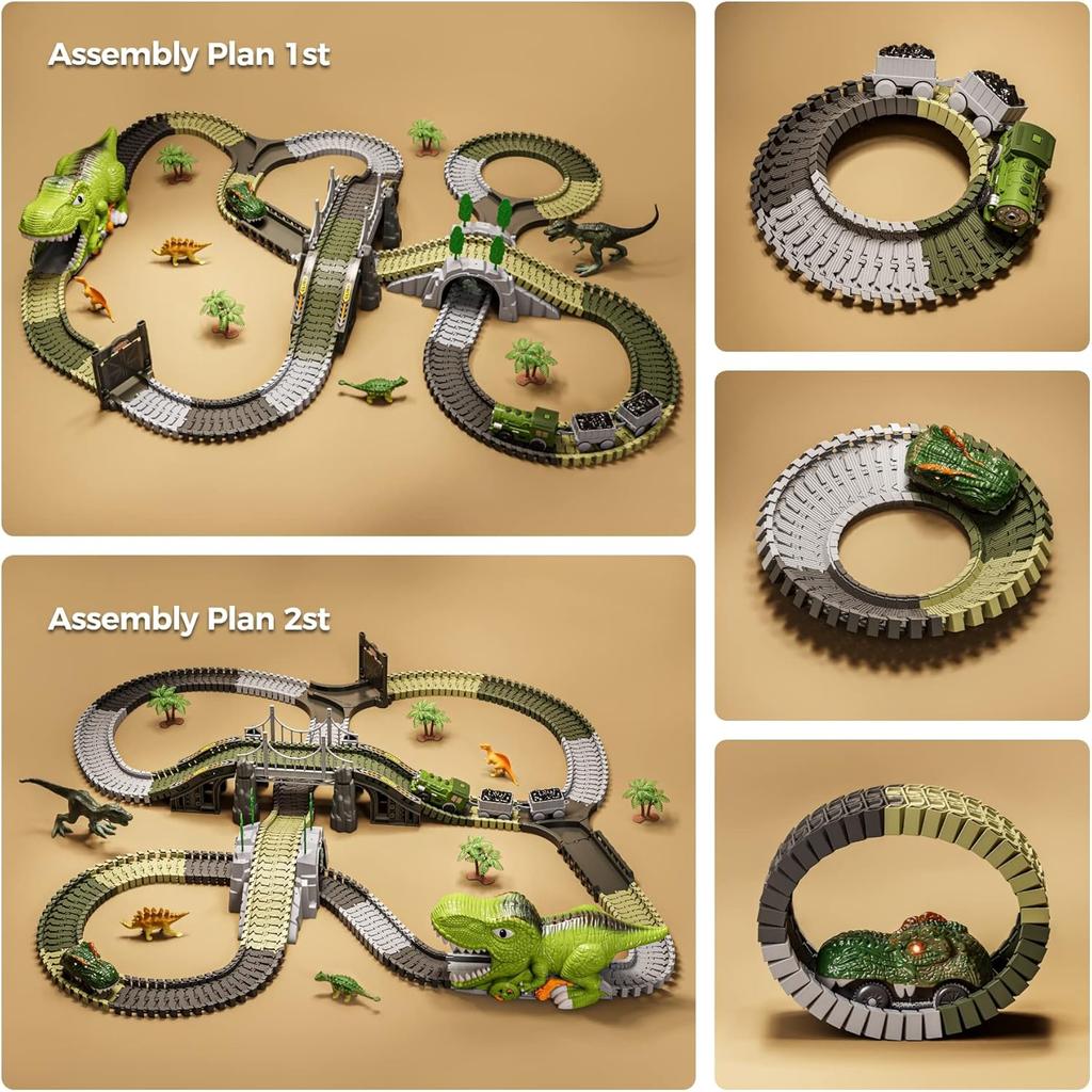 Игрушечная гоночная трасса с динозаврами: 281 деталь, Гибкая железная дорога, 4 динозавра, 2 электрические гоночные машины со светом. Подарок для детей 3-6 лет