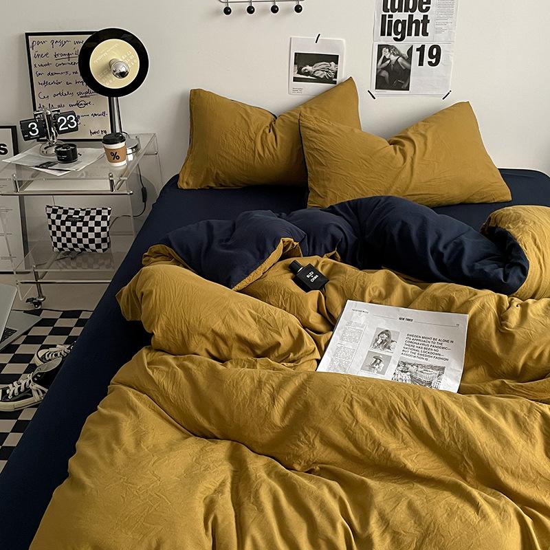 Простыня Пододеяльник Голый Сон Чистый Хлопок Набор из Четырех Предметов Стиранный Хлопок Мягкая Простыня Пододеяльник Однотонное Постельное Белье