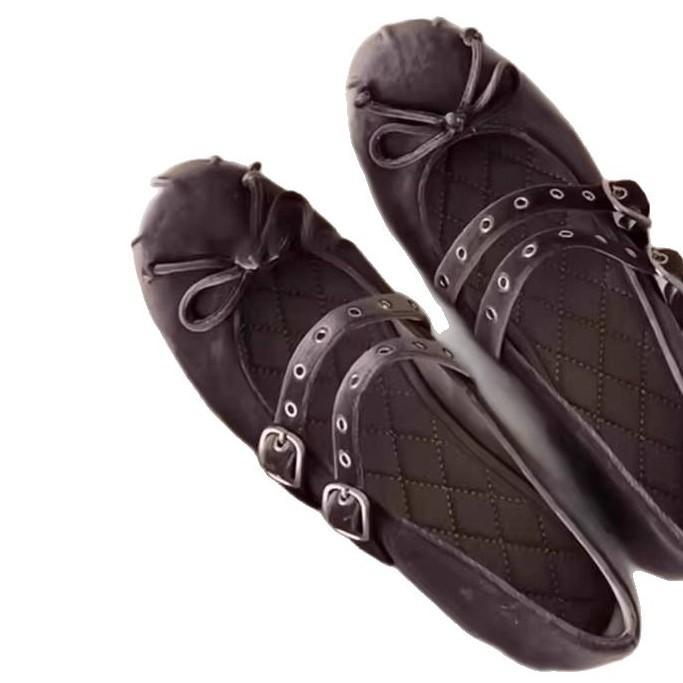 French Style Suede Bow Shoes Retro Double Button Flat Bottomed Shallow Mouth Ballet Single Shoes for Women