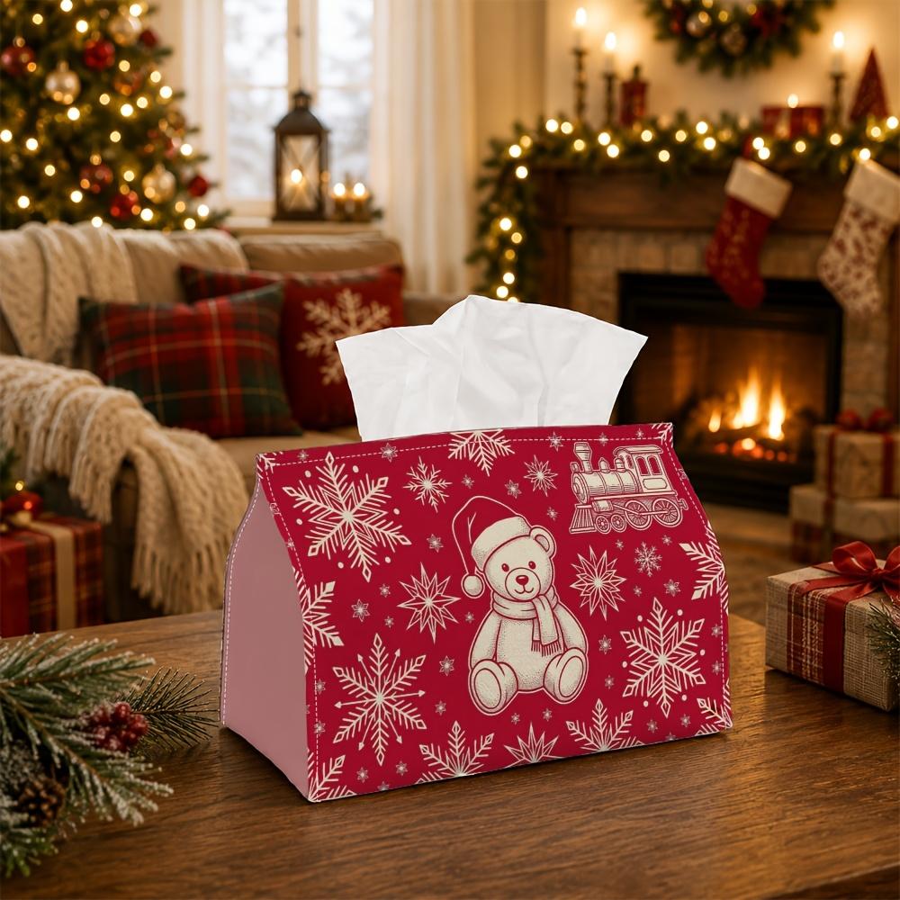1pc Vintage Retro Winter Tissue Box - Multi-Functional Christmas Napkin Dispenser, Made of Durable Polyester, Decorated with Teddy Bear Train Snowflak
