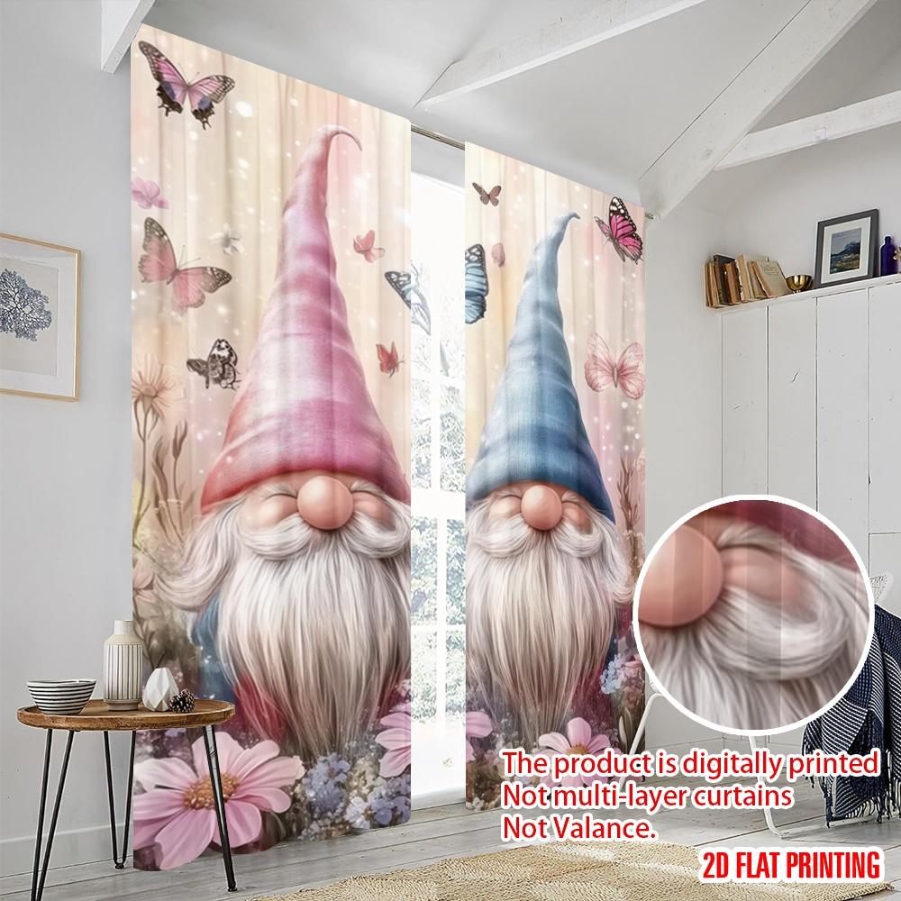 2Pcs,2D Plane Printing Popular Curtain Panels Garden Gnome Bliss Versatile Polyester Fabric (Without Rod) All Seasons For
