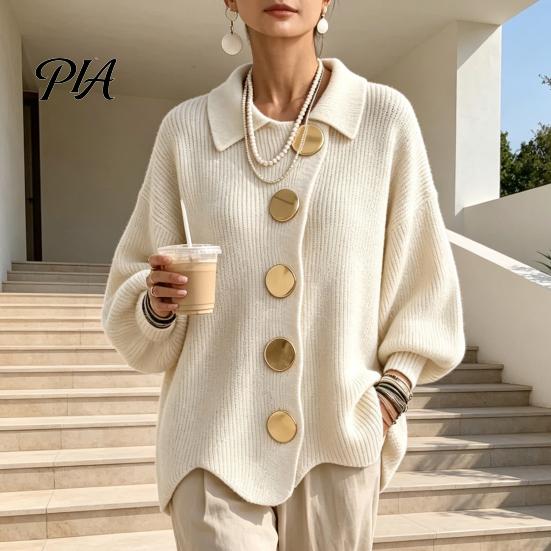 Long Sleeve Sweater Women Oversized Knit Cardigan Sweater, Collared Top with Large Metal Buttons, Loose Lantern Casual for Spring Autumn Button Front