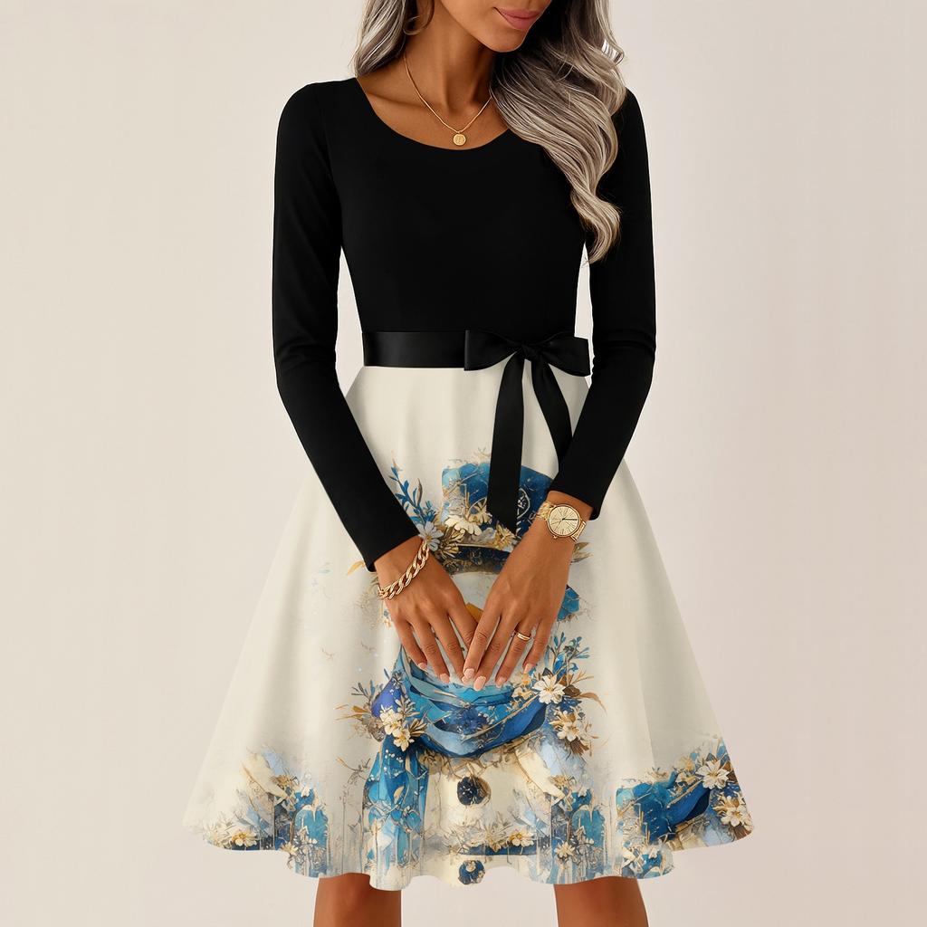 Женские повседневные модные платья с круглым вырезом, длинным рукавом, рождественским принтом, для вечеринки, винтажные длинные платья