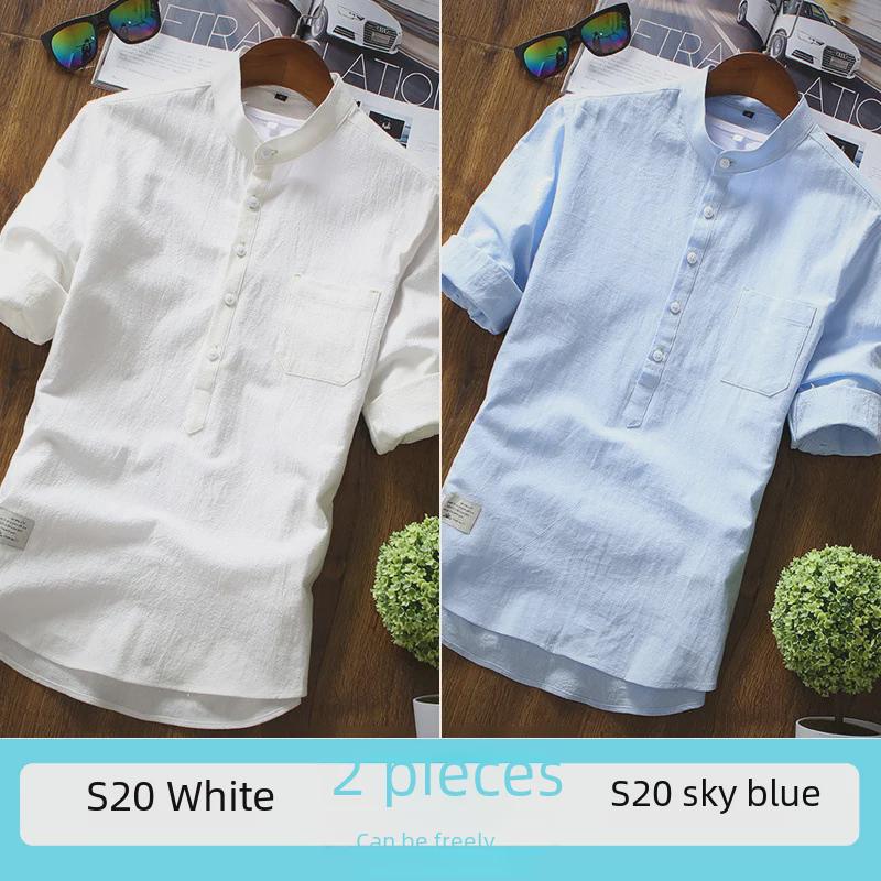 2023 Мужская модная белая льняная рубашка облегающего кроя с короткими рукавами