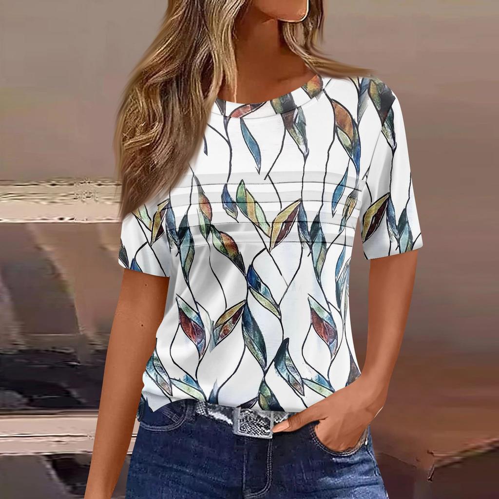 Футболки для женщин, плиссированные, с круглым вырезом, нарядные, повседневные, блузки с принтом, с коротким рукавом, летние топы, свободный крой