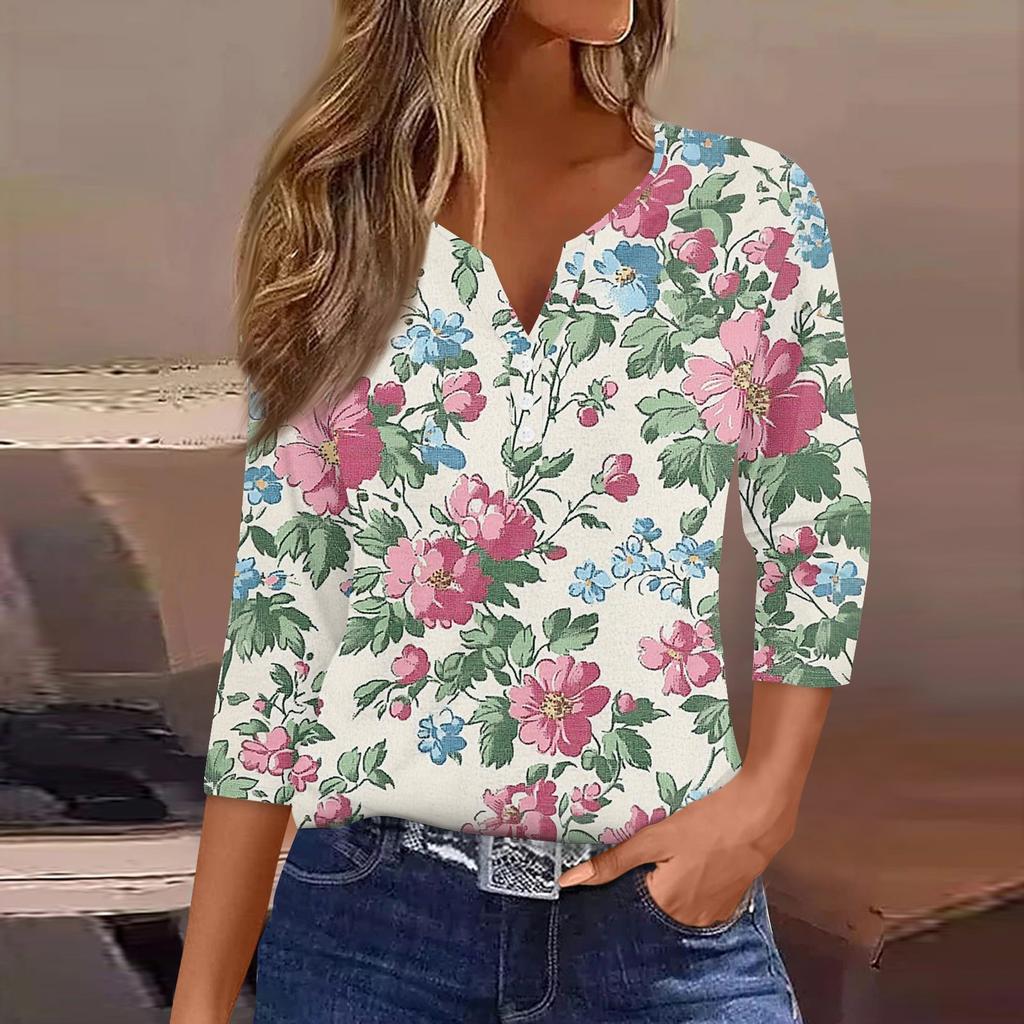 Женская модная повседневная футболка с v-образным вырезом и декоративными пуговицами, рукавом три четверти, с цветочным принтом, топ