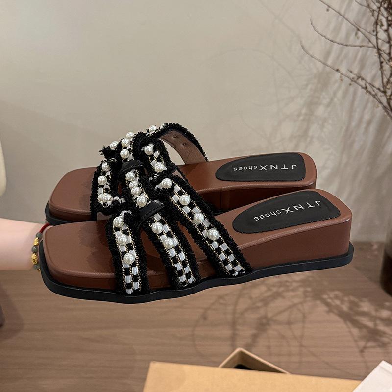Xiaoxiangfeng High-heeled Slippers Women's Summer 2025 New Outer Wear Fashionable Pearl French with Skirt Comfortable Going Out Sandals