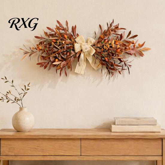 Decorative Wreath for Mantel 23.6" Artificial Olive Wreath, Faux Fall Leaf Teardrop Swag, Autumn Door Hanger Beige Linen Bow with Burlap Thanksgiving