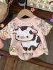 Yellow Patchwork Sleeve Cow Print T-Shirt for Girls Cartoon Printed Casual Wear Girls Clothes Round-Neck Top Children's Clothing