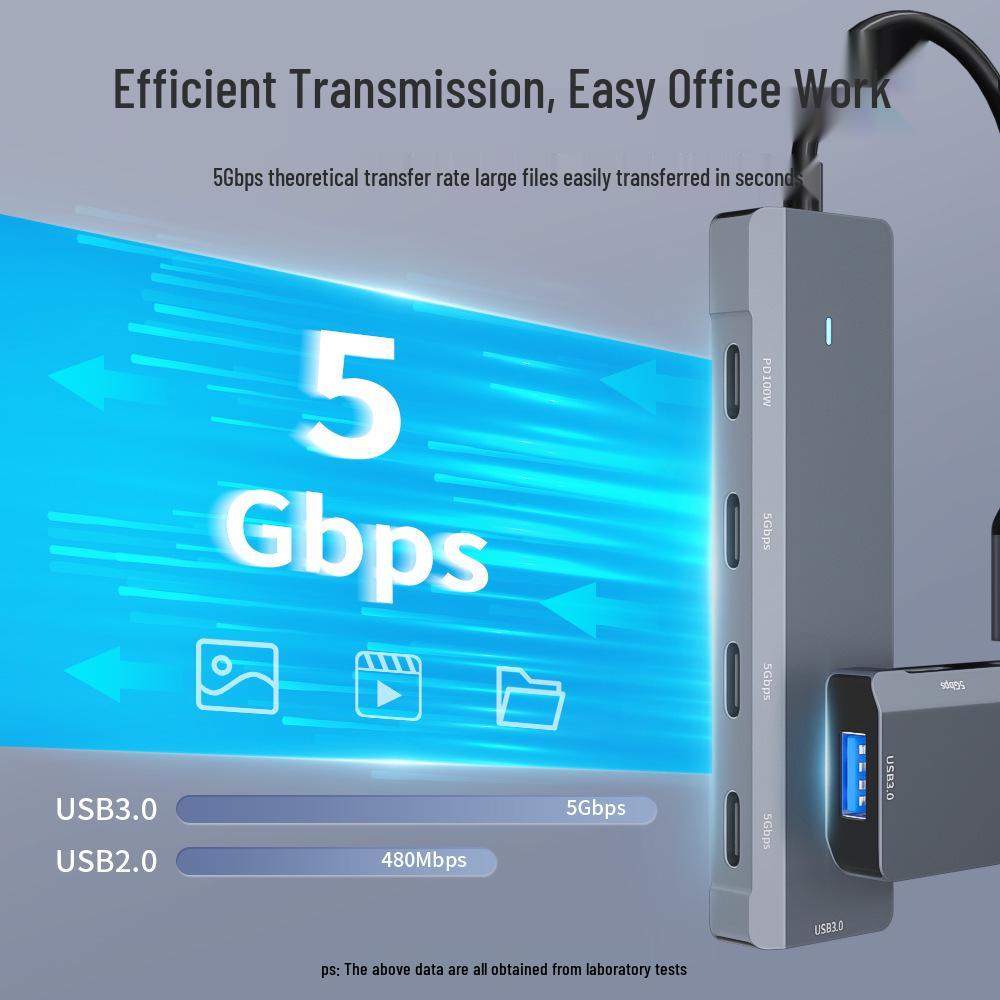 Хаб Type-C «пять в одном»: Быстрая зарядка PD100W с расширением USB3.0/Type-C.