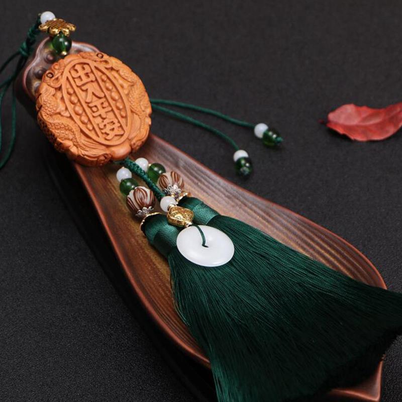New Car Pendant Peach Wood Safety In And Out Ornament Double-sided Carving Tassel Decorations Men's Car Interior Accessories