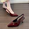Women 7cm High Heels Retro Streetwear Sandles Lady Daily Work Slingback Strap Elastic Mid Heels Glossy Leather Sandals
