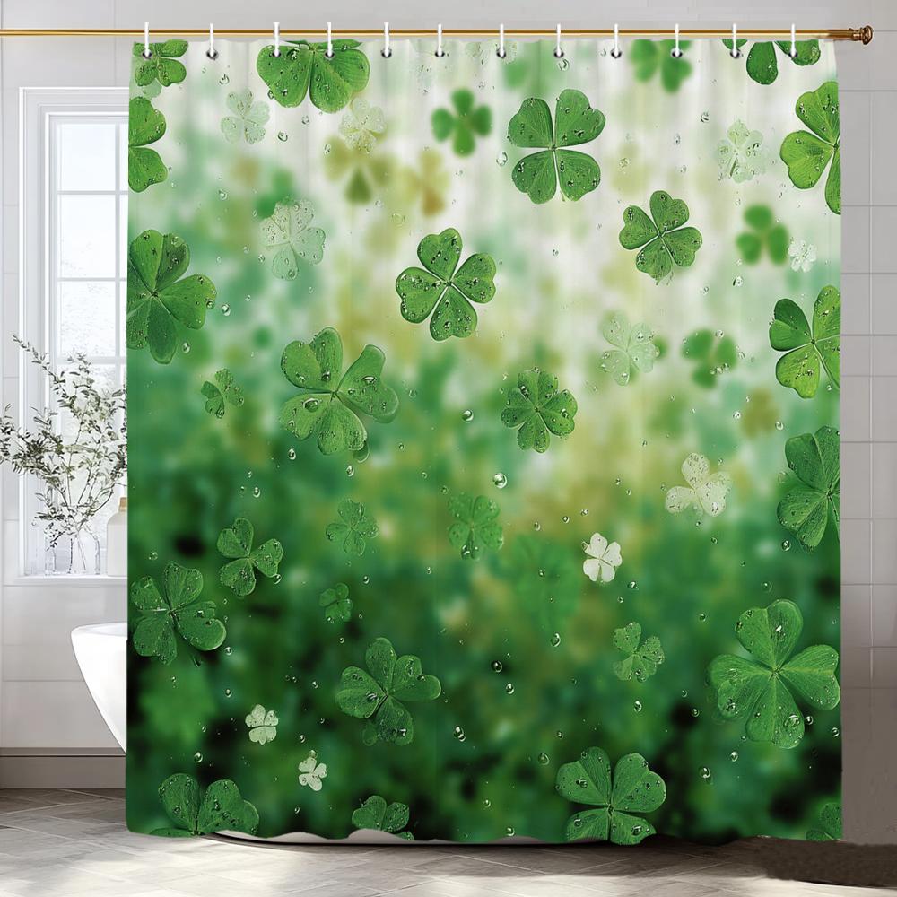 Green Leaves, Lucky Grass Clover Pattern Shower Curtain, Bathroom Decorative Shower Curtain, Home Curtain With Hooks