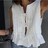 2025 Spring Summer Loose Casual Women's Shirt Sleeveless Fashion Hollow Out Straps Bow Tie Straps Tops Female Pleated Women's Shirts Clothing 3562