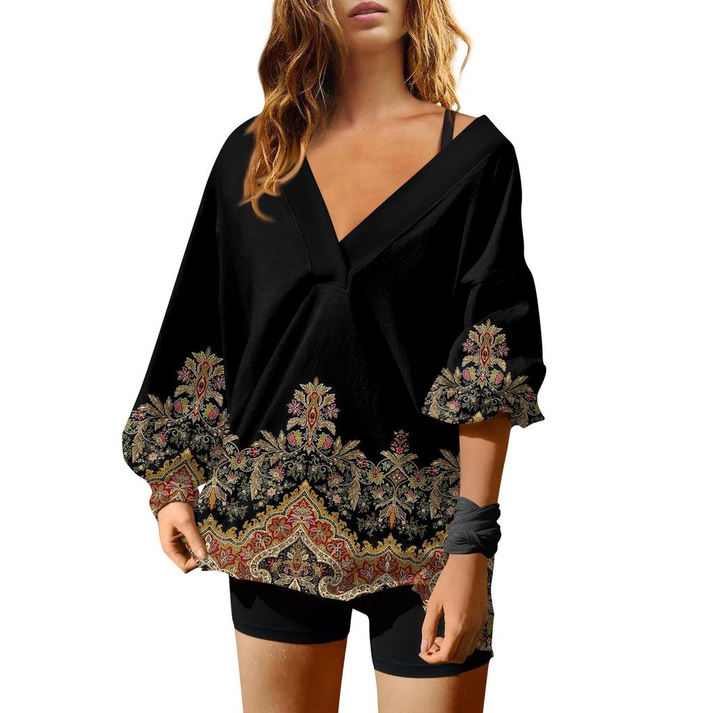 Женская мода ретро принтованный V-образный вырез длинный рукав свободный пуловер свитшот топ
