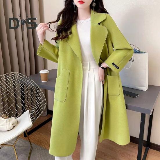 Fall Winter Women Overcoat Turn Down Collar Long Sleeve Open Stitch Pockets Loose Mid Length Solid Color Soft Warm Thick Lady Mid Calf Length Coat