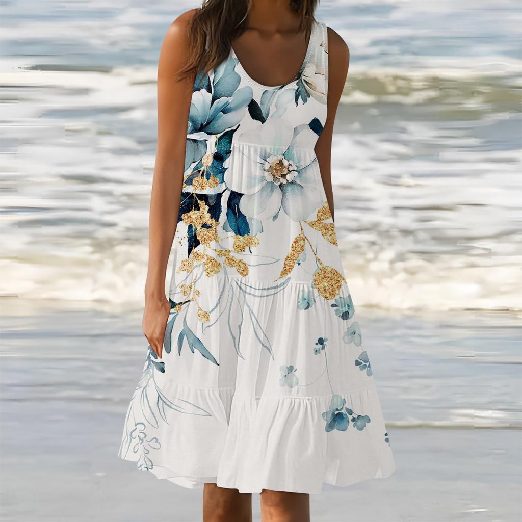 Женские платья-жилеты Лето-весна Плиссированные богемные платья Симпатичные струящиеся пляжные платья без рукавов Прямая футболка Платья-майки Платья с круглым вырезом