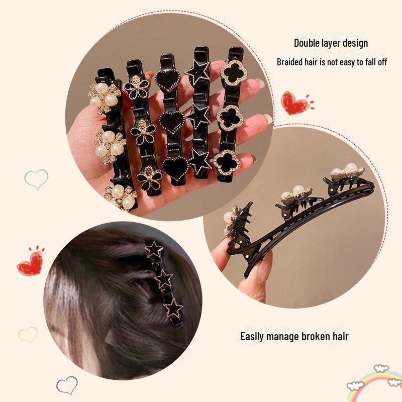 «Двухслойная боковая челка, заколка для волос и плетеный головной убор»