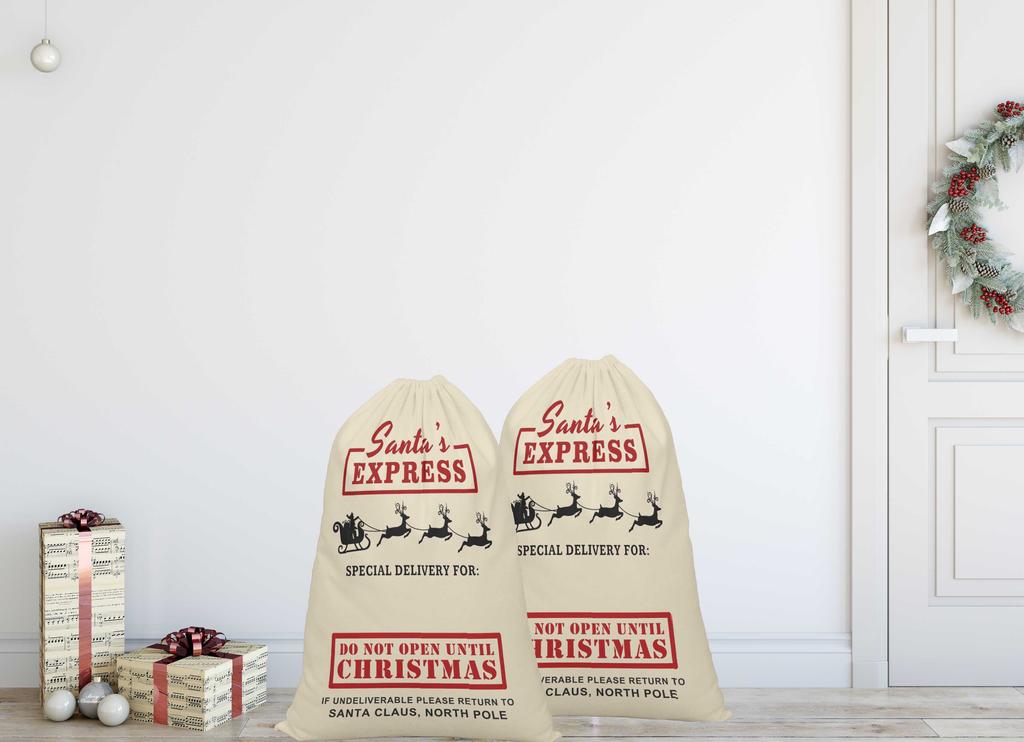 Printtoo Упаковка из 2 специальных рождественских мешков со шнурком, очень большого размера, для многоразового хранения рождественских подарков, 27x20 дюймов