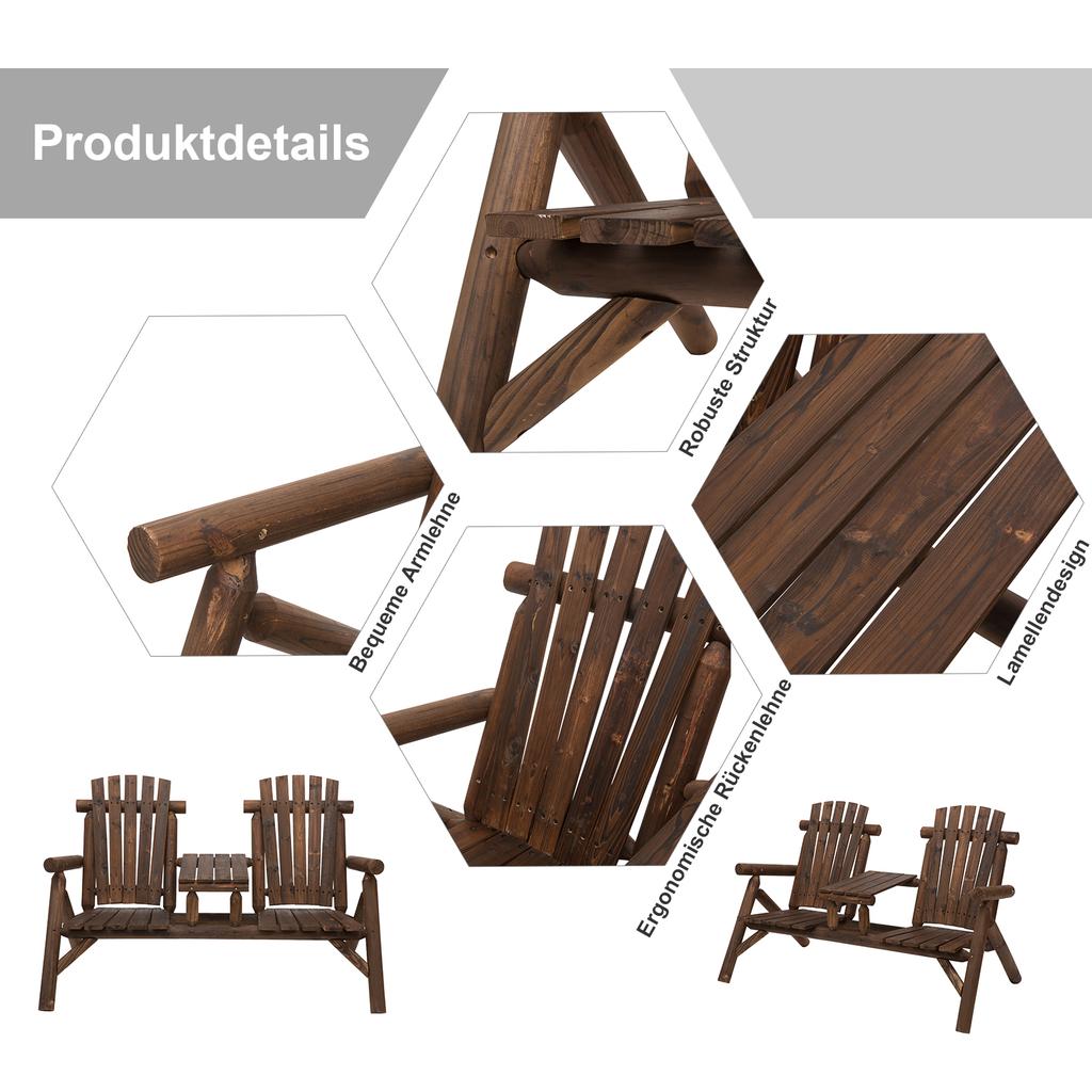 Wood Patio Chair Bench 2 Seats w/ Centre Coffee Table, Garden Bench, Carbonized