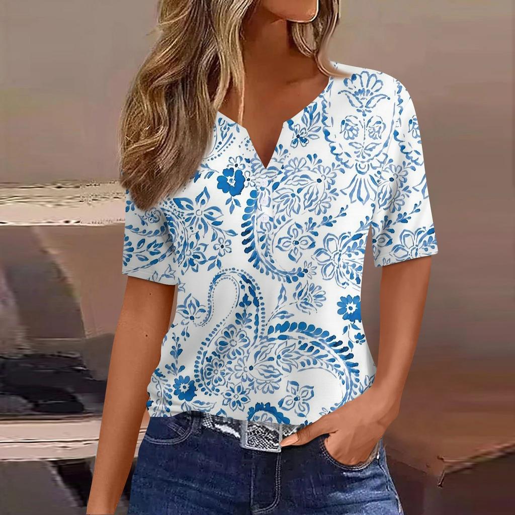 Жен. Футболка Футболка С принтом Пуговицы С короткими рукавами Повседневные Выходные Мода Классический V-образный вырез Обычный Верх