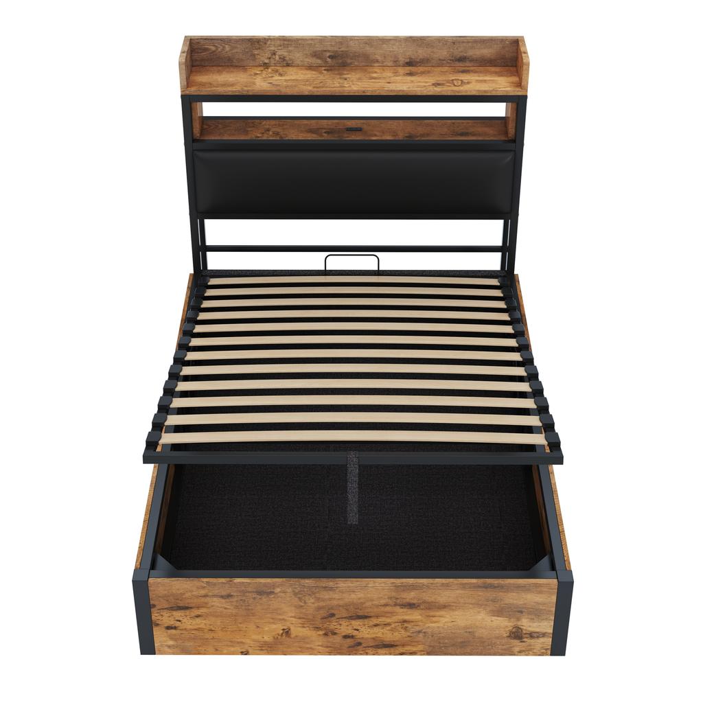 Bed Frame 90 x 200 with Hydraulic Lift Mechanism, USB, Upholstered Headboard, Retro Wood and Metal Design, Hidden Storage Layer Single Bed Black