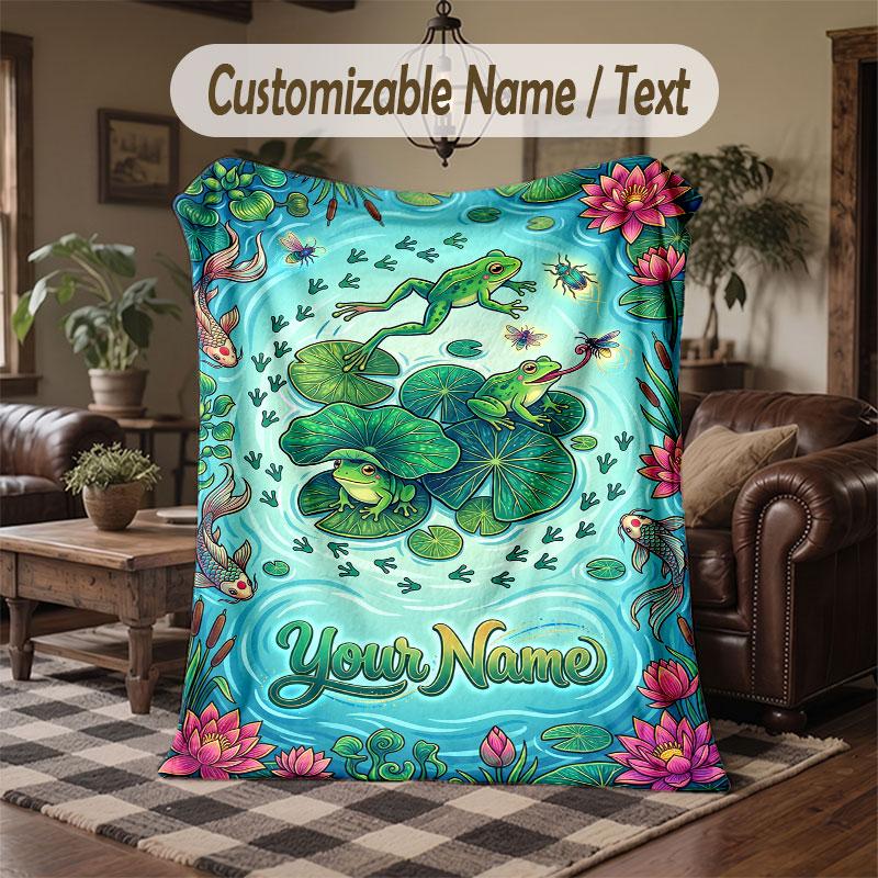 Frog Theme Throw Blanket Custom Name Text Personalized Blanket Soft Cozy Blanket for Home Sofa Bed