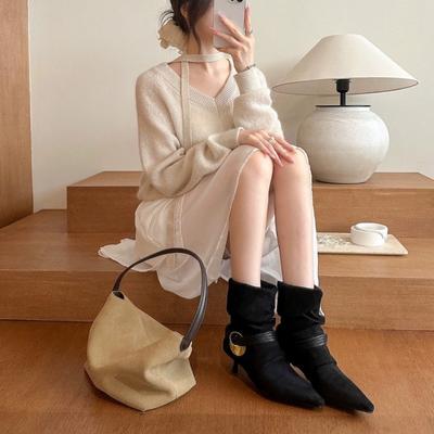 Издание из овчины~ Maillard Винтажный Кленовый Лист Коричневый Металлическая Пуговица Острый Носок Средние Сапоги Женские Сапоги с Узким Голенищем