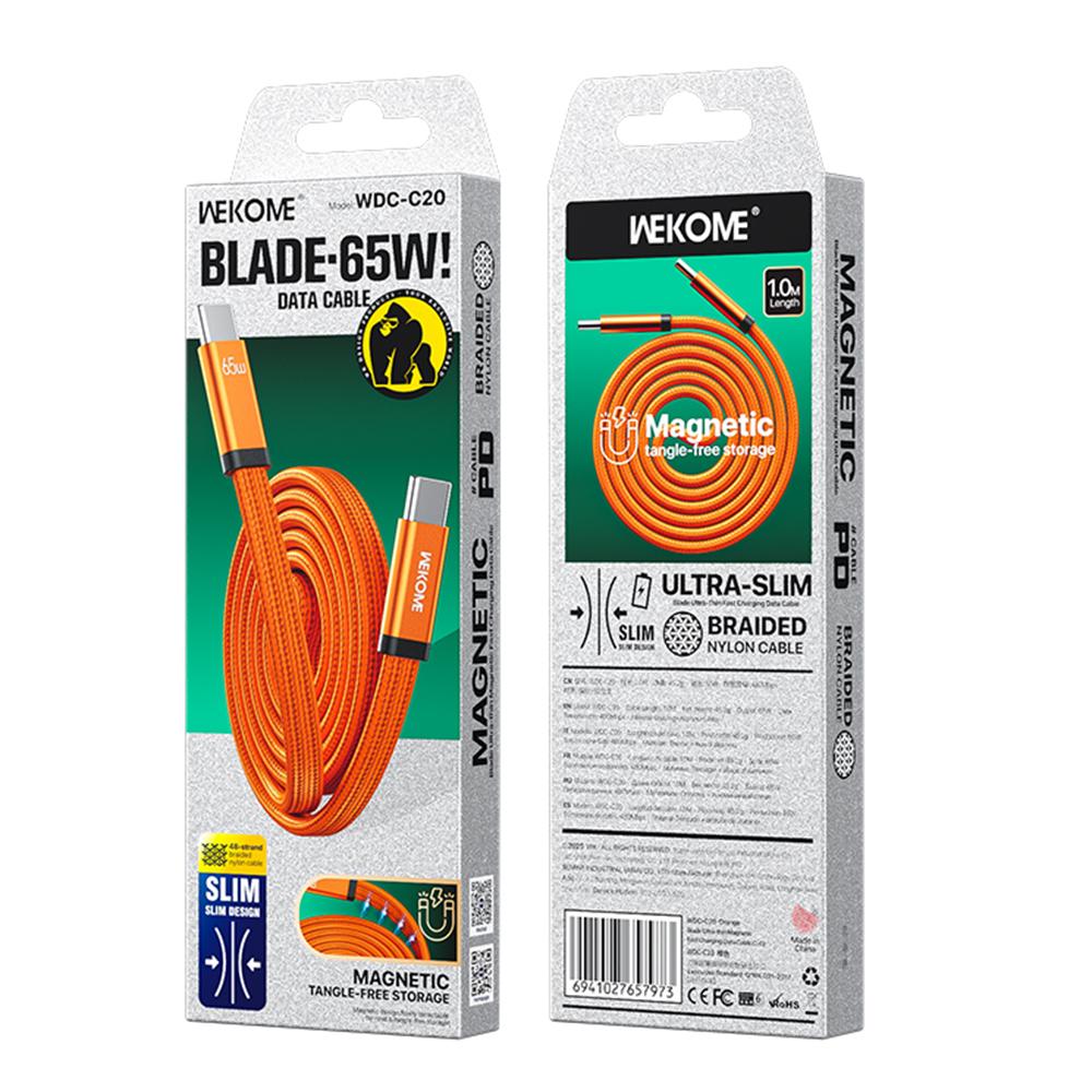 WEKOME WDC-C20 Ultra Thin 1m 65W Magnetic Fast Charging Type-C to Type-C Cable 480Mbps Braided Data Transfer Cable
